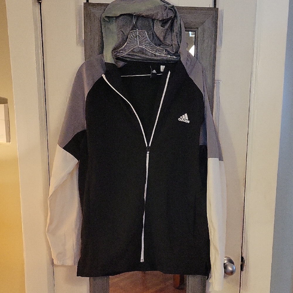 Adidas Black, Grey and White Hooded Windbreaker Jacket